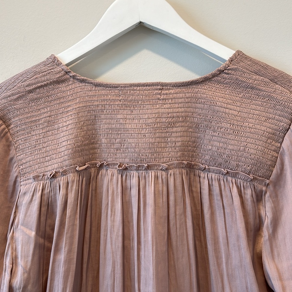 Women’s Smocked Long Sleeve Pink Blouse Ruffle Casual V Neck Date Career Office - Picture 7 of 8